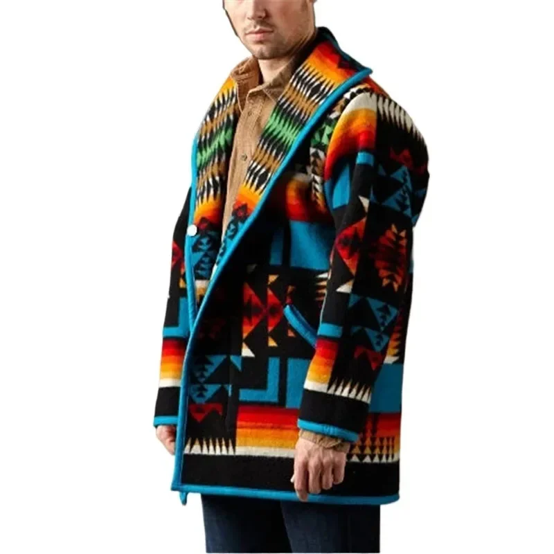 Mens Jackets And Coats Ins Spring/Autumn Printing Fashion Jacket Geometric Turn-down Collar Single Breasted Woolen Oversized Men