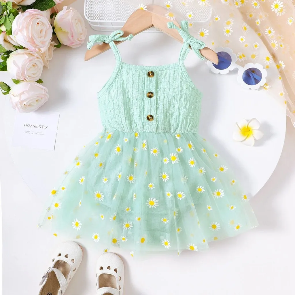 Sweet Mesh Romper Dress Baby Girl Sleeveless Suspender Small Daisy Gauze Skirt Summer Daily Wear for Toddler Girl 3-24 Months