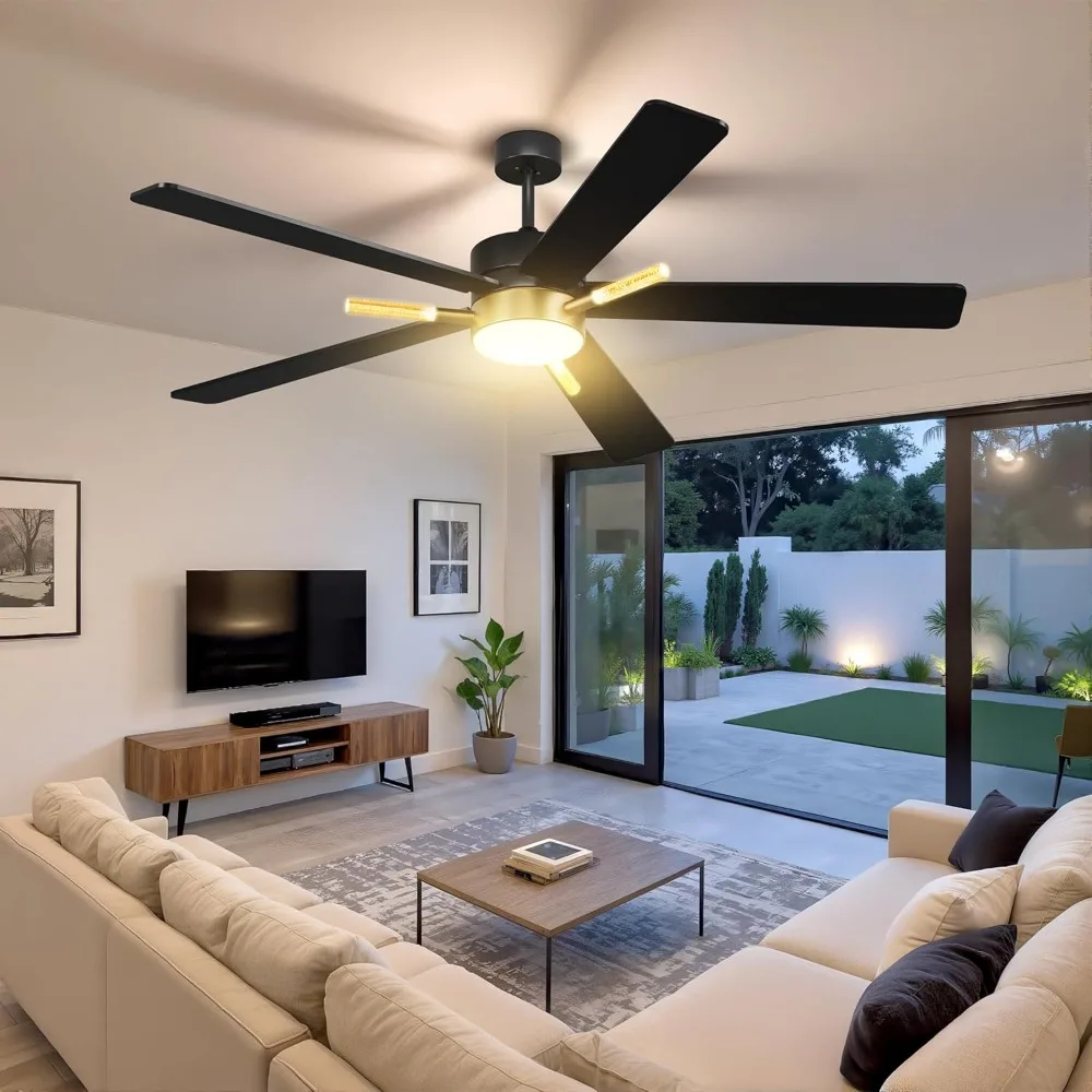 

Потолочный вентилятор 52 дюйма с подсветкой и пультом ДУ, 5 лопастей с хрустальным дизайном, современный черно-золотой потолочный вентилятор