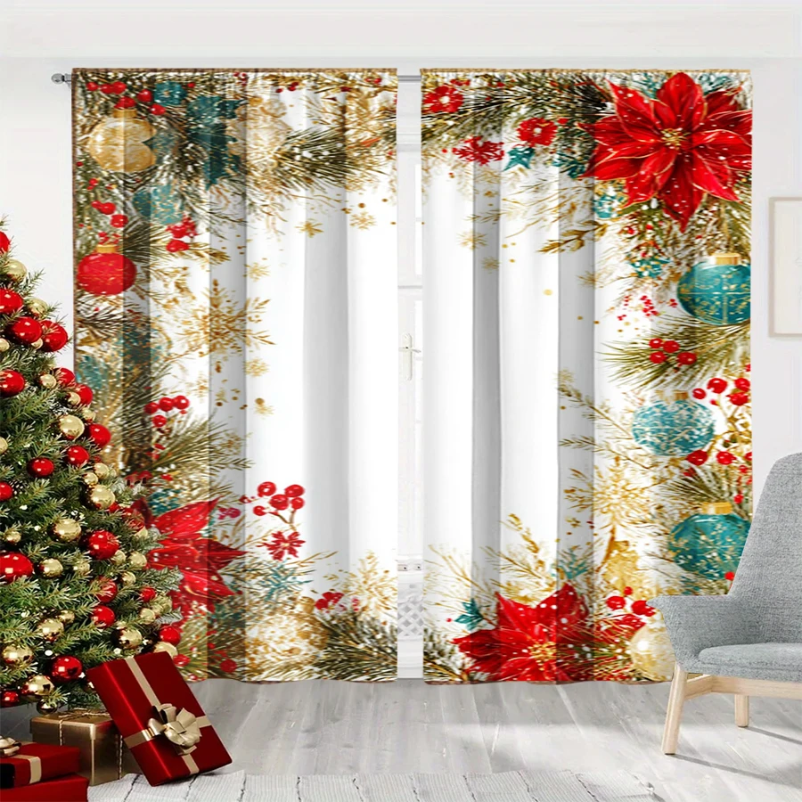 2PCS Christmas Winter Curtains, Pine Poinsettia Berry Ball Gold Frame White, Digital Print, Bedroom Living Room, Home Decor