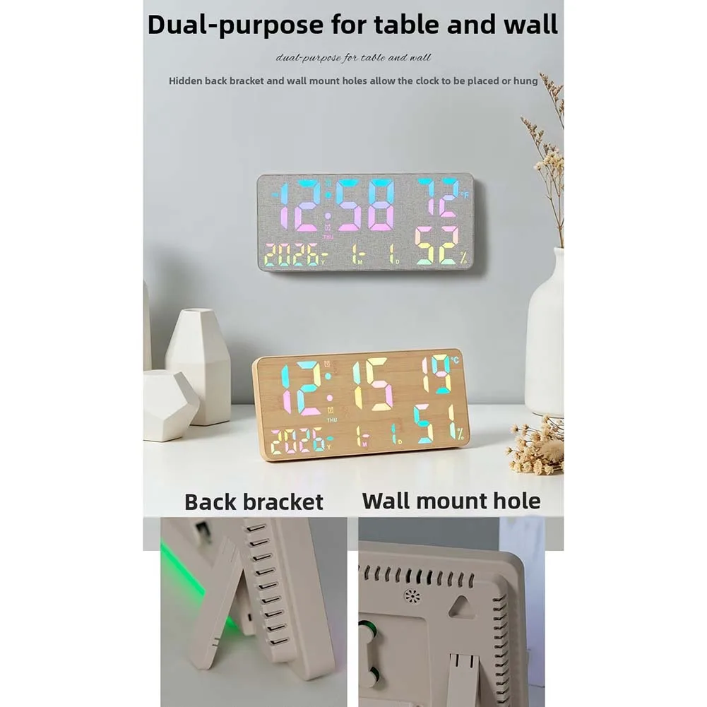 Large LED Color Changing Wall Clock Full Screen Display Temperature Humidity Date Alarm Digital Desk Clock For Living Room Decor