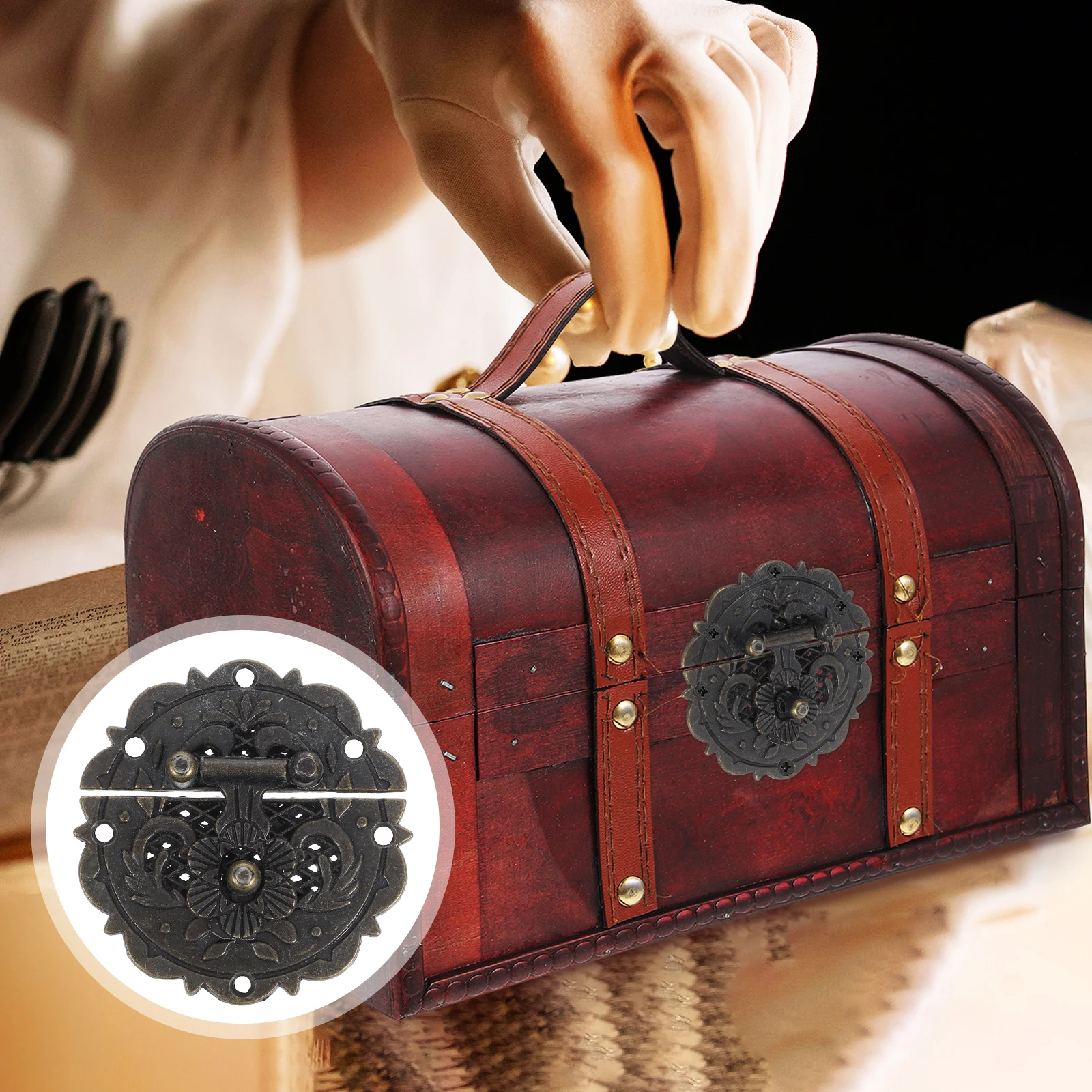 

1 set Retro Vintage Alloy Buckle Wooden Box Latch Round Edge Furniture Clasp Cabinet Lock Decorative Hasp for Jewelry