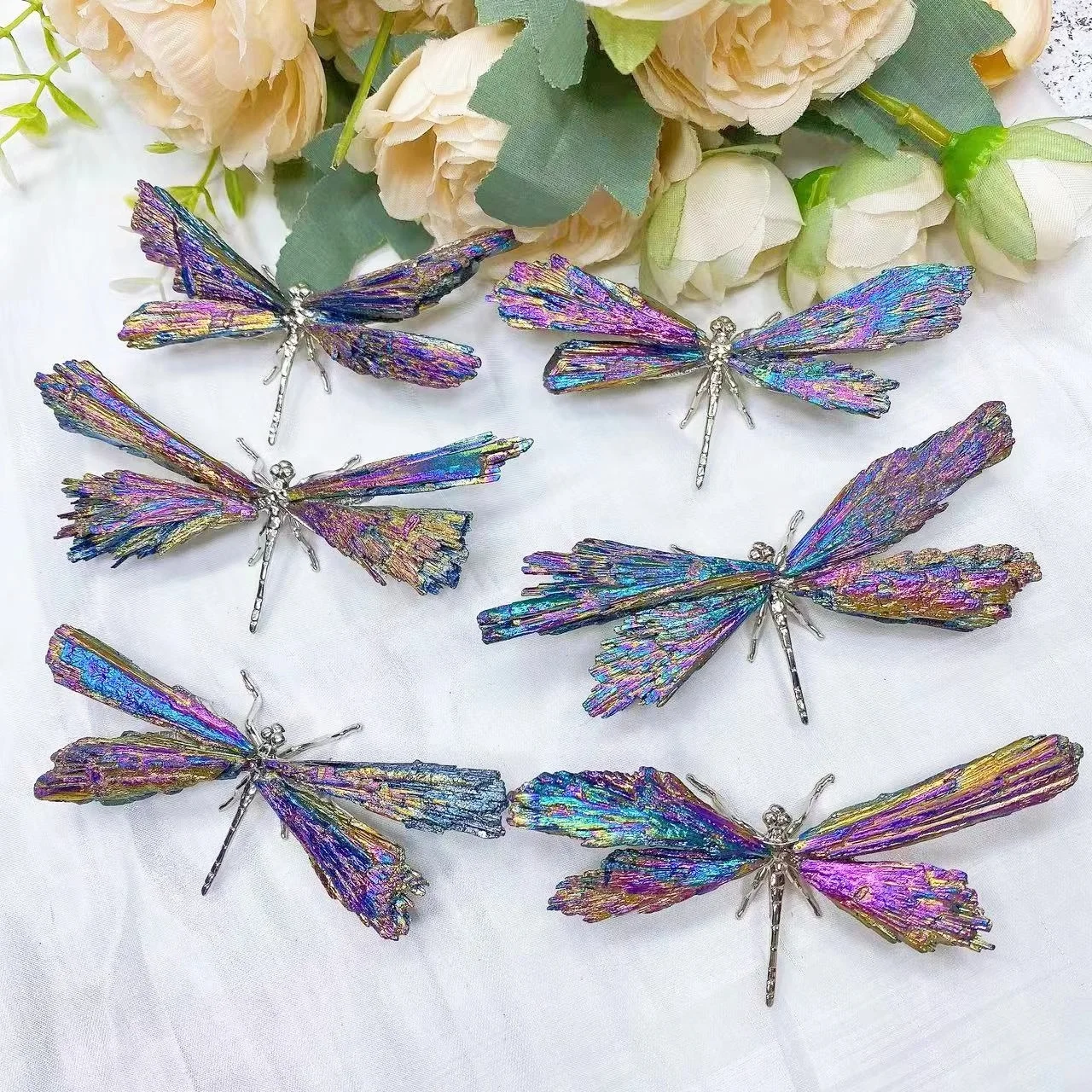 Natural Colorful Tourmaline Electroplanted Dragonfly Spar Crafts Reiki Healing Home Decoration Plating Crystal Butterfly