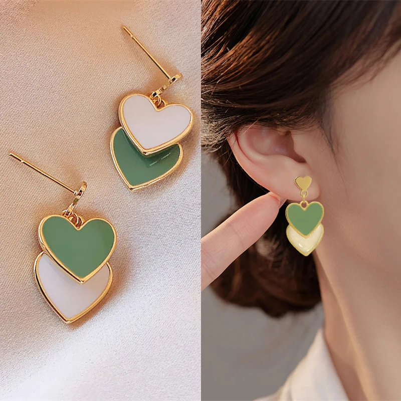 Romantic Heart Drop Earrings for Women Double Layer Asymmetric White Green Enamel Oil Dangle Earrings Geometry Party Jewelry