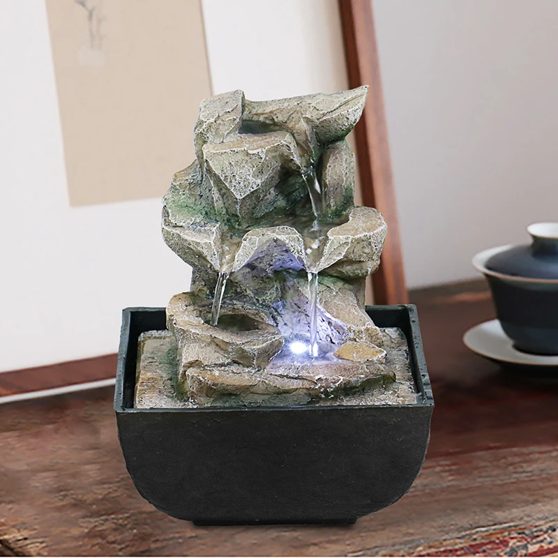 Tabletop Fountain With LED Lights - 3-Step Rock Falls Indoor Waterfall Feature Calming and Relaxing Water Sound Home Decor