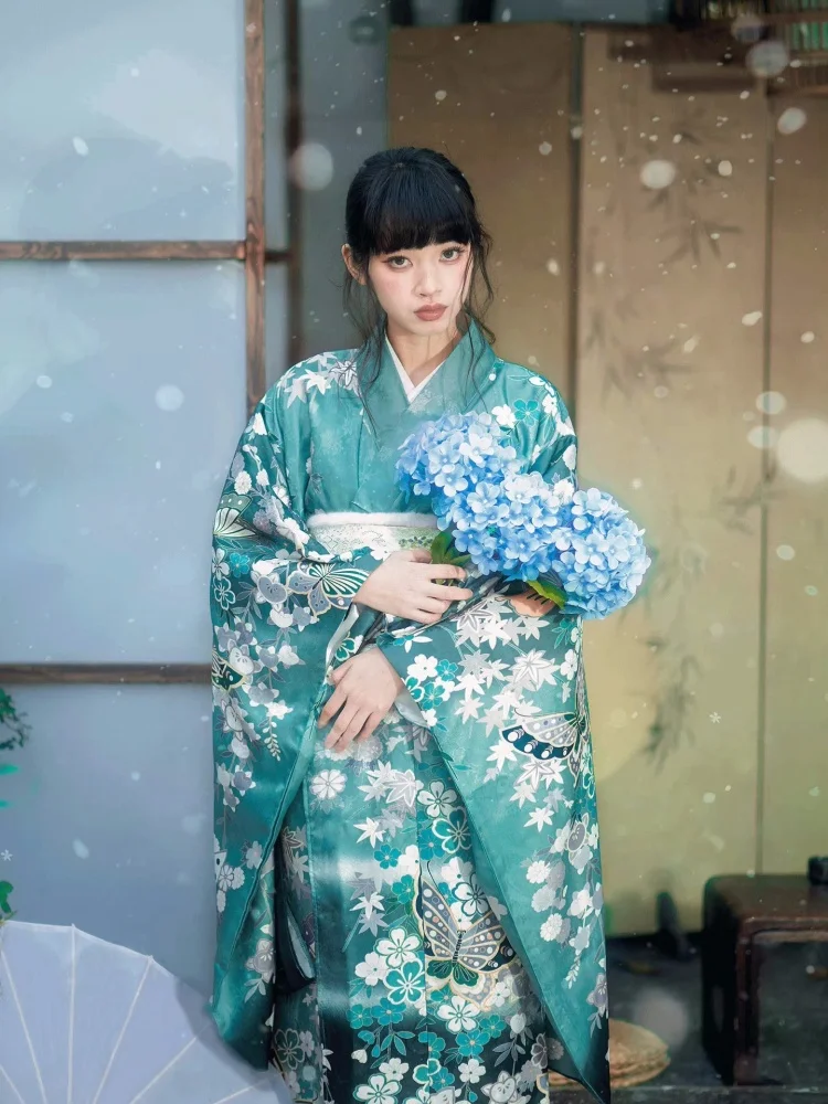 

Японское модифицированное женское кимоно Фурисодэ с зелеными цветочными принтами, традиционная юката, косплей-костюм, ретро-платье для фотосессий