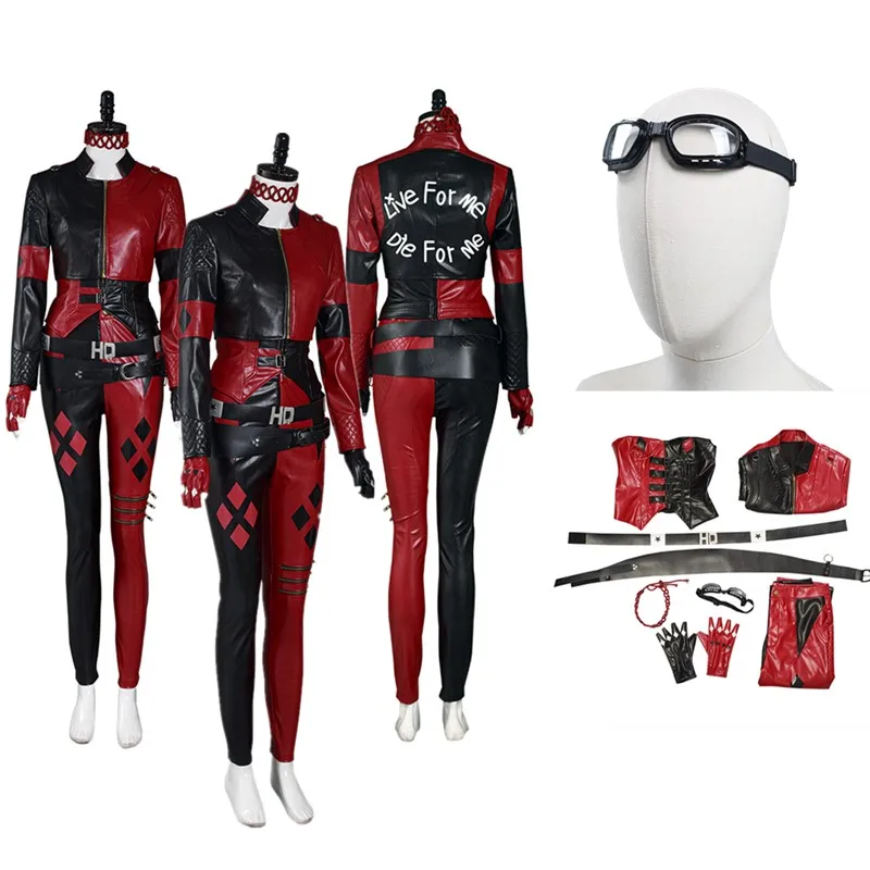 Disfraz de Quinzel para mujer adulta, disfraz de fantasía de TV, uniforme de payaso, abrigo, pantalones, máscara para los ojos, traje de fiesta de Carnaval y Halloween