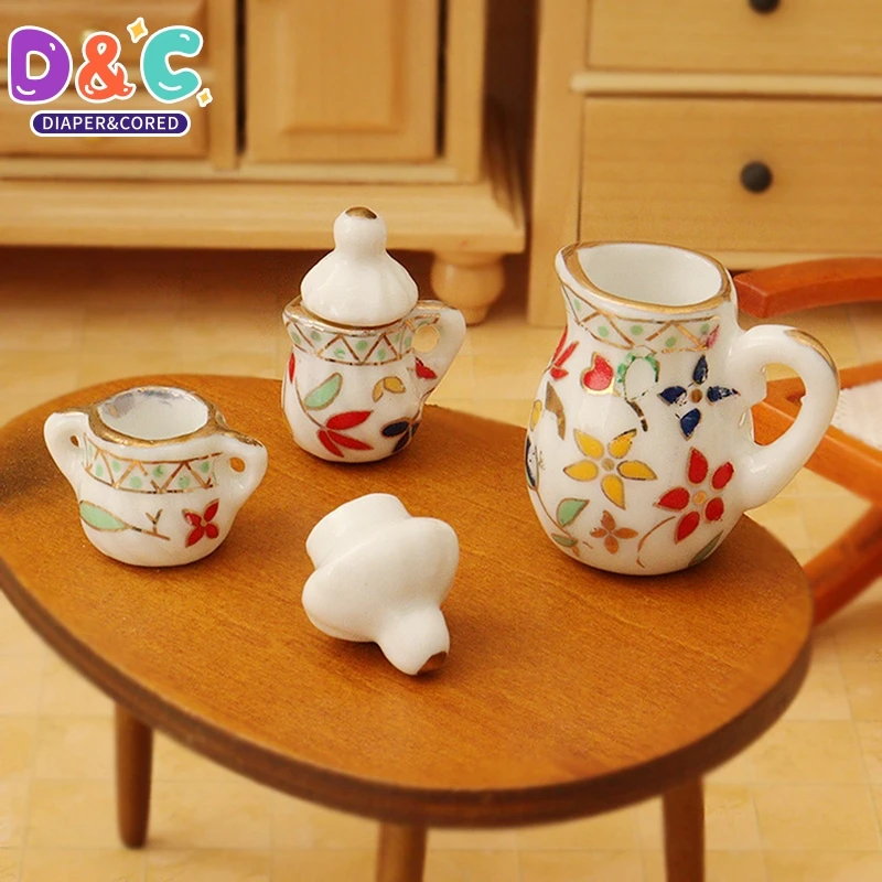 3pcs/set 1:12 Dollhouse Miniature Accessories Mini Ceramics Tea Set Simulation Kettle Plate Cup Model Toys Doll House Decoration