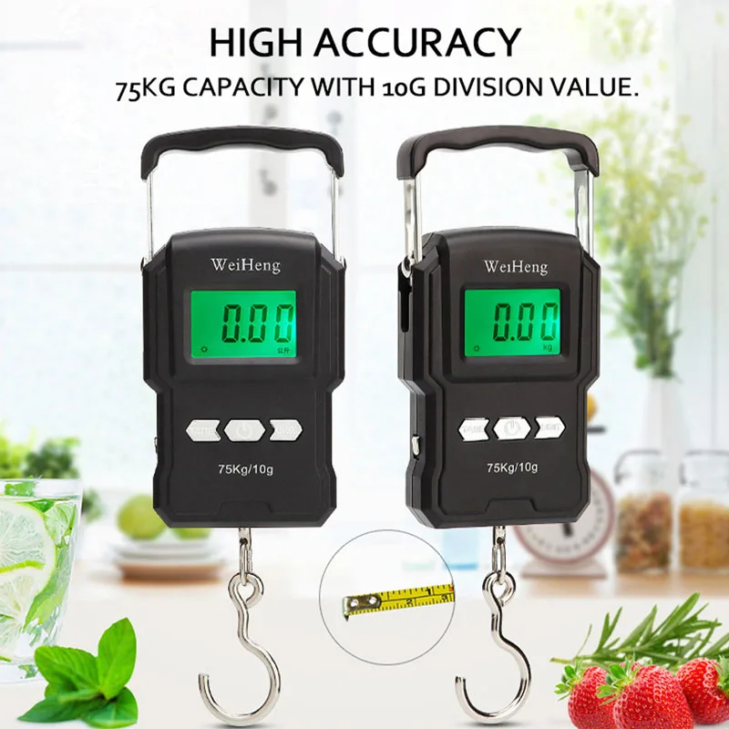 75kg/10g Portable LCD Electronic Hand Scale Handheld Electronic Scale Fishing Hook Scale with Retractable Measuring Tape