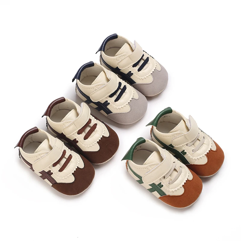 

0-18M Baby Retro Color Block Sneakers, Velcro Strap, Soft Sole First Walker Casual Shoes