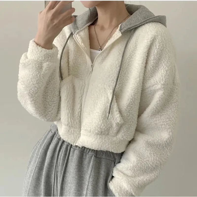 2023 Autumn Winter Street Fashion Lamb Wool Zip Up Solid Short Hoodies Women Sweet Loose Long Sleeve Hooded Sweatshirt