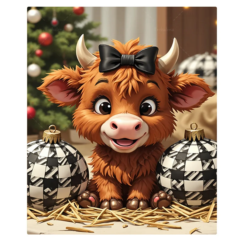 1 قطعة بطانية الفانيلا لطيف المرتفعات البقرة مع القوس مشهد عيد الميلاد بطانية الصوف الناعمة