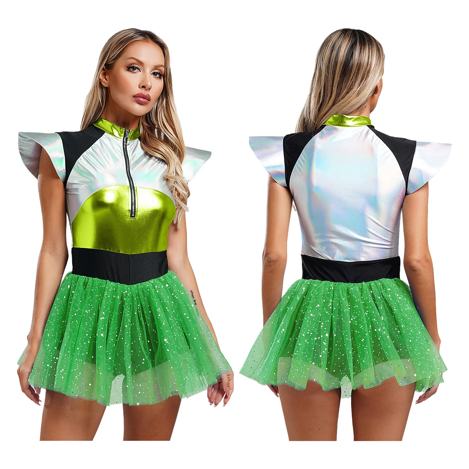 

Women Space Cadet Alien Cosplay Costume Fly Sleeve Sequined Tulle Skirt Dress for Halloween Carnival Alien Astronaut Cosplay