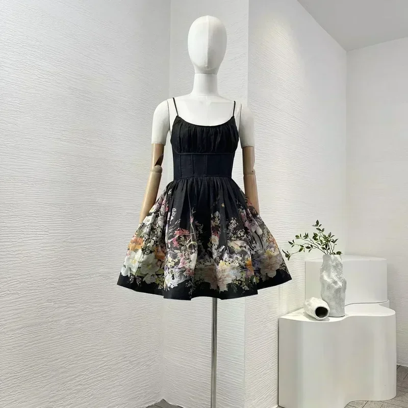 

Re-tro Floral Printing White 2024 Women Silk Linen Sleeveless Pleats Waist Shirred Summer Tube Black Mini Dress for Holiday