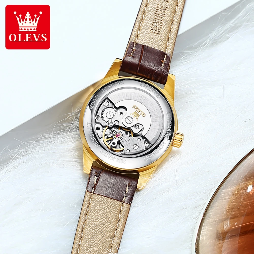 OLEVS Automatic Watch For Women Ladies Watch Leather Strap High End Elegant Watch Set Self Winding Mechanical Watches Waterproof
