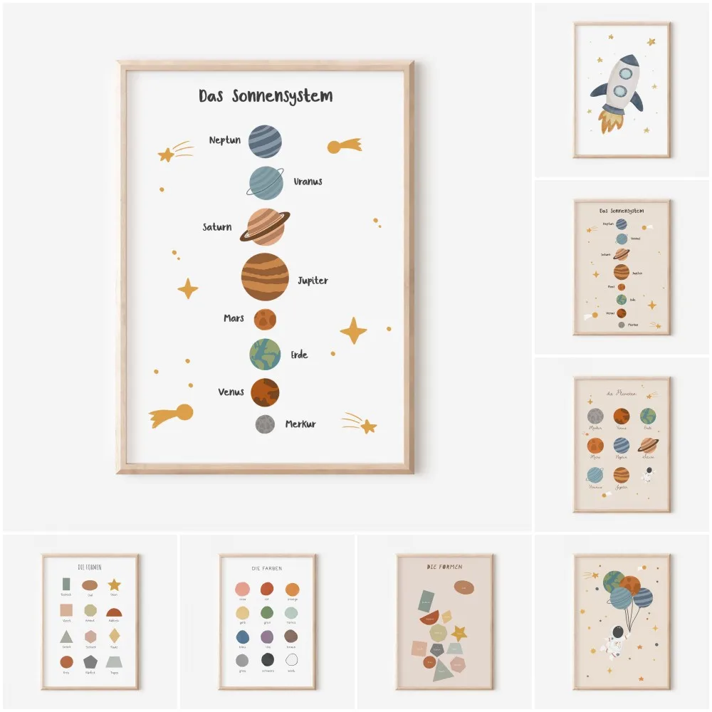 Minimalist Color Wall Art Solar System Rocket Astronaut Poster Geometry Print Preschool Education Canvas Painting Home Decor