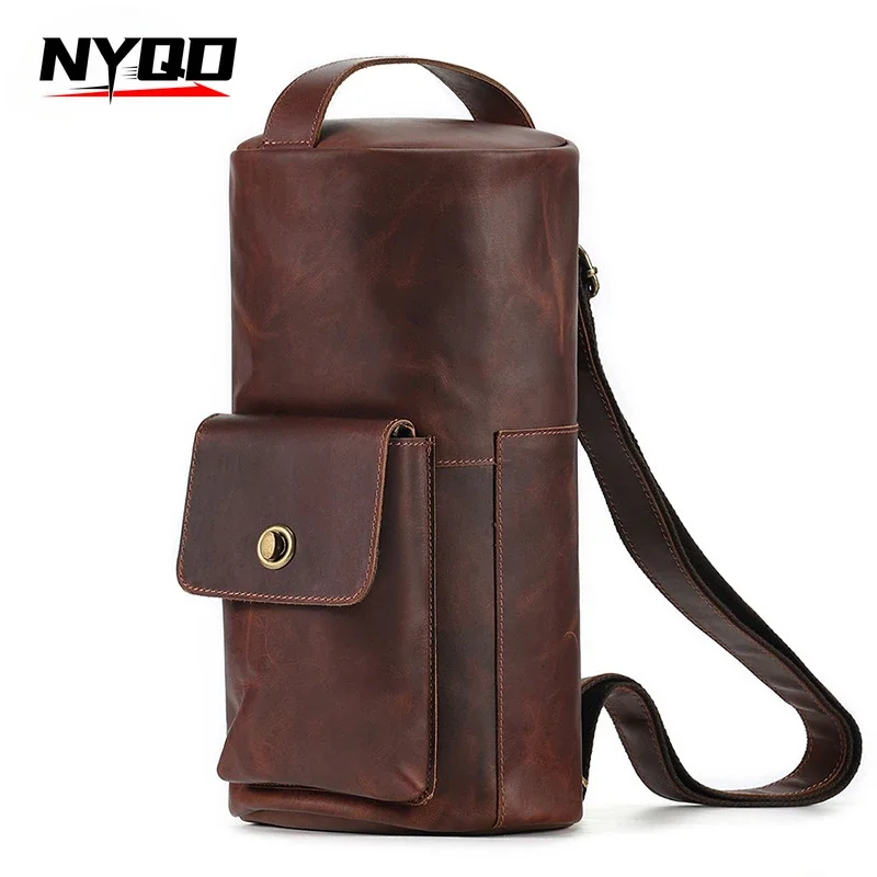Bolso de pecho Vintage de cuero Crazy Horse para hombre, bolso de hombro tipo bandolera cilíndrico de tendencia, bolso de viaje a la moda para senderismo, bolso para hombre Cuir
