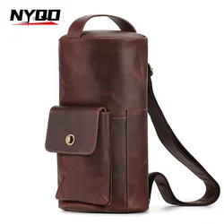 Mens Crazy Horse Leather Vintage Chest Bag Trend Cylinder Crossbody Shoulder Bag Fashion Travel Hiking Handbag Sac Homme Cuir