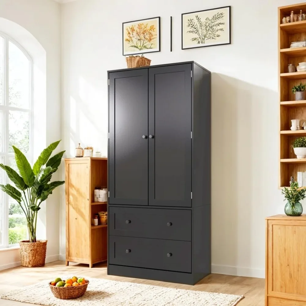 

64.2 tall black kitchen pantry with storage cabinets with doors and drawers
