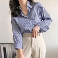 Classique rayé femme printemps automne Blouses chemise dame longue lanterne manches col montant lâche haut Blouse 4