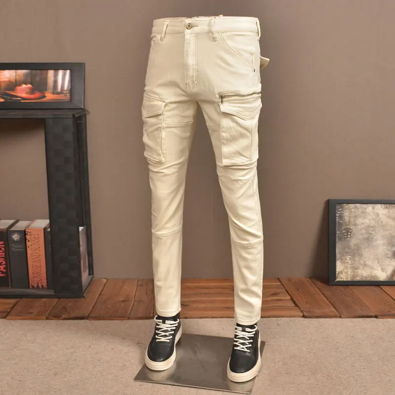 Street Fashion Men Jeans Beige White Stretch Slim Fit Hip Hop Biker Jeans Men Pockets Designer Casual Denim Cargo Pants Hombre