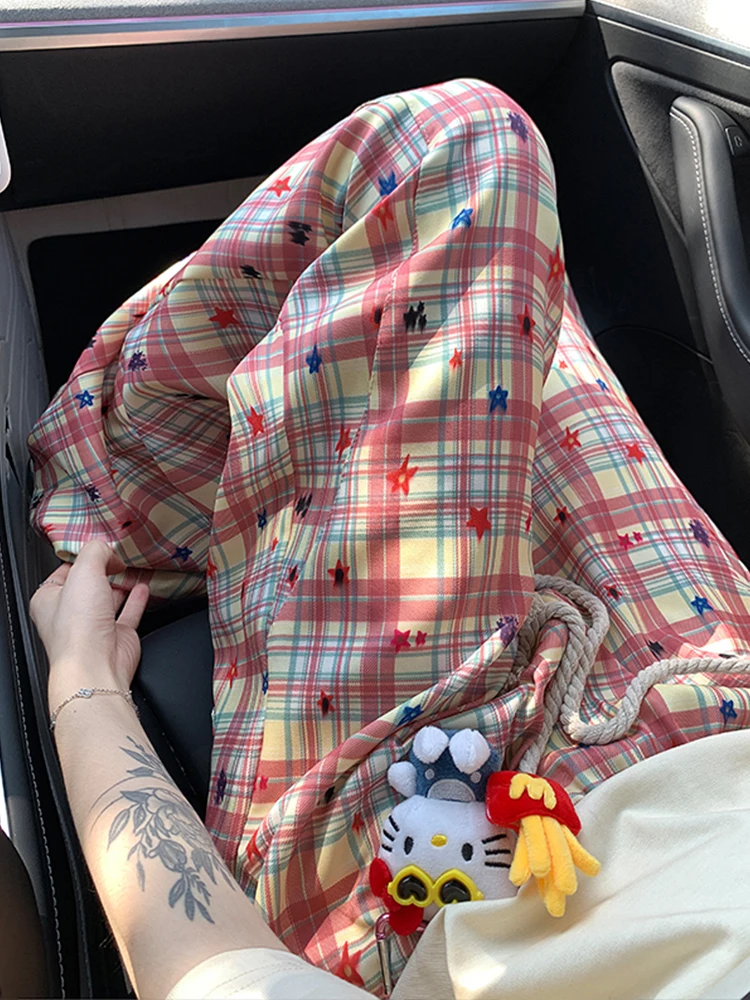 

Желто-розовые повседневные брюки в клетку, мужские летние американские ленивые прямые брюки с высокой талией, цветные широкие брюки Blo Knife