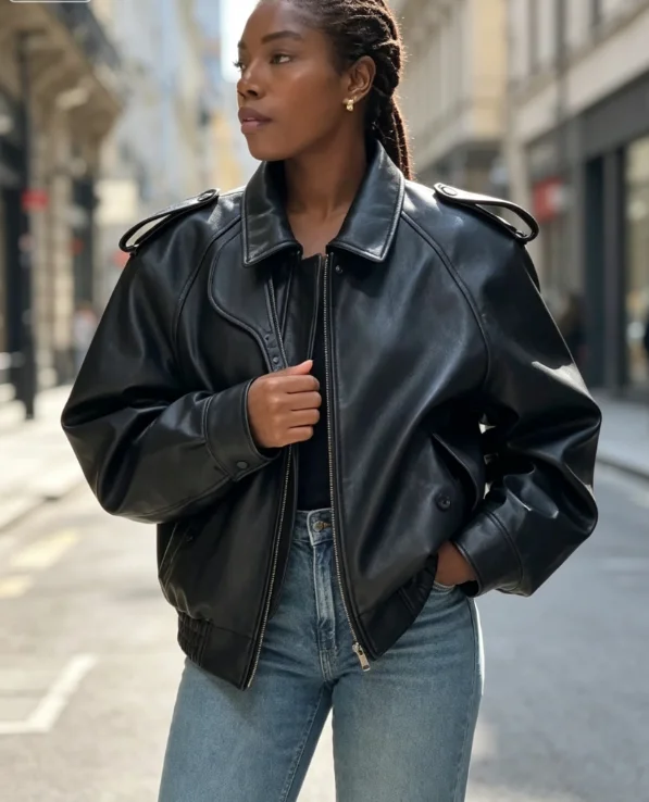 Black Faux Leather Fabric Lapel Design With Front Zipper Closure And Side Pockets Loose Fit Shoulder Design Short And Loose Hem