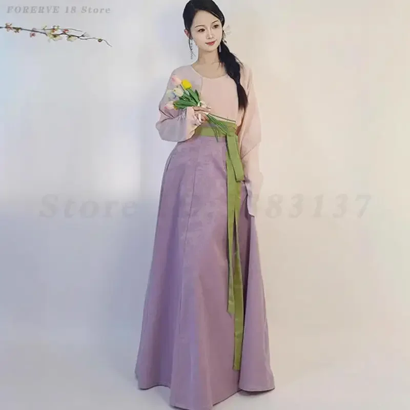 

Улучшенный древний костюм, комплект ханьфу китайской династии Тан, рубашка с круглым воротником и длинными рукавами, женские повседневные элегантные жаккардовые юбки