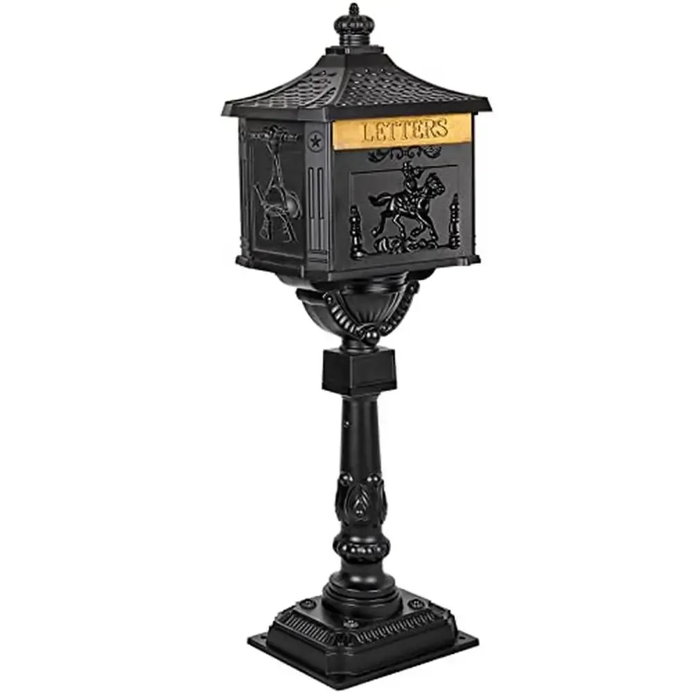 

Heavy Duty Cast Aluminum Black Mail Box Postal Box with Lock Elegant Retro Design Home Garden 46" Tall Durable and Stylish