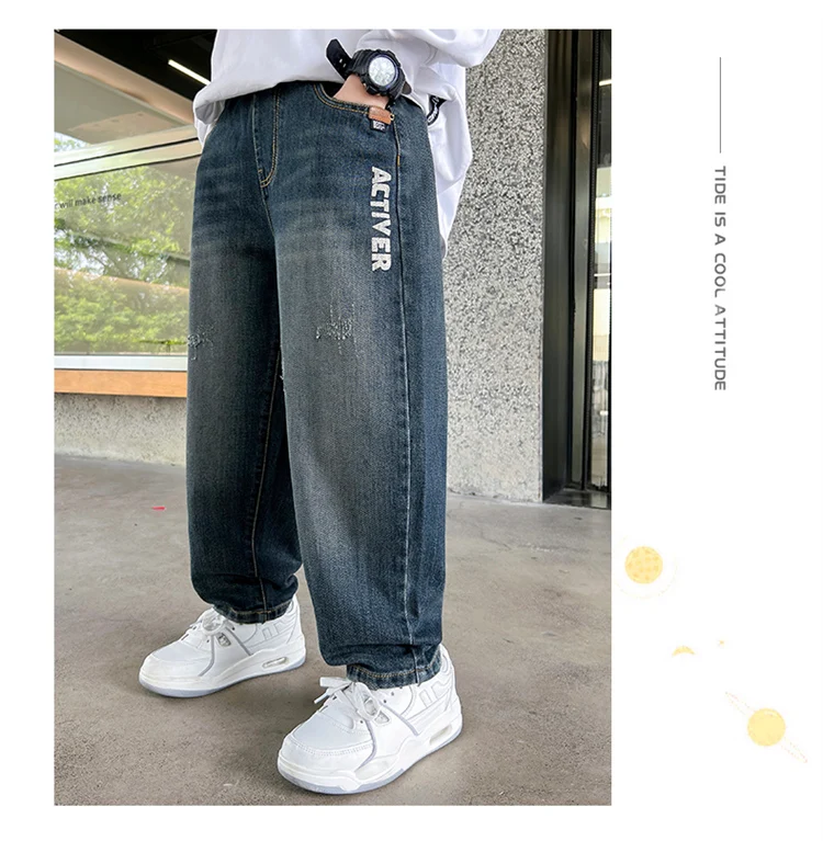 Heißer Verkauf Kinder-Jeans mit Taschen für Jungen Neue Frühlings-Jeans mit elastischem Bund Hochwertige Teenager-Jeanshosen – Detail 2