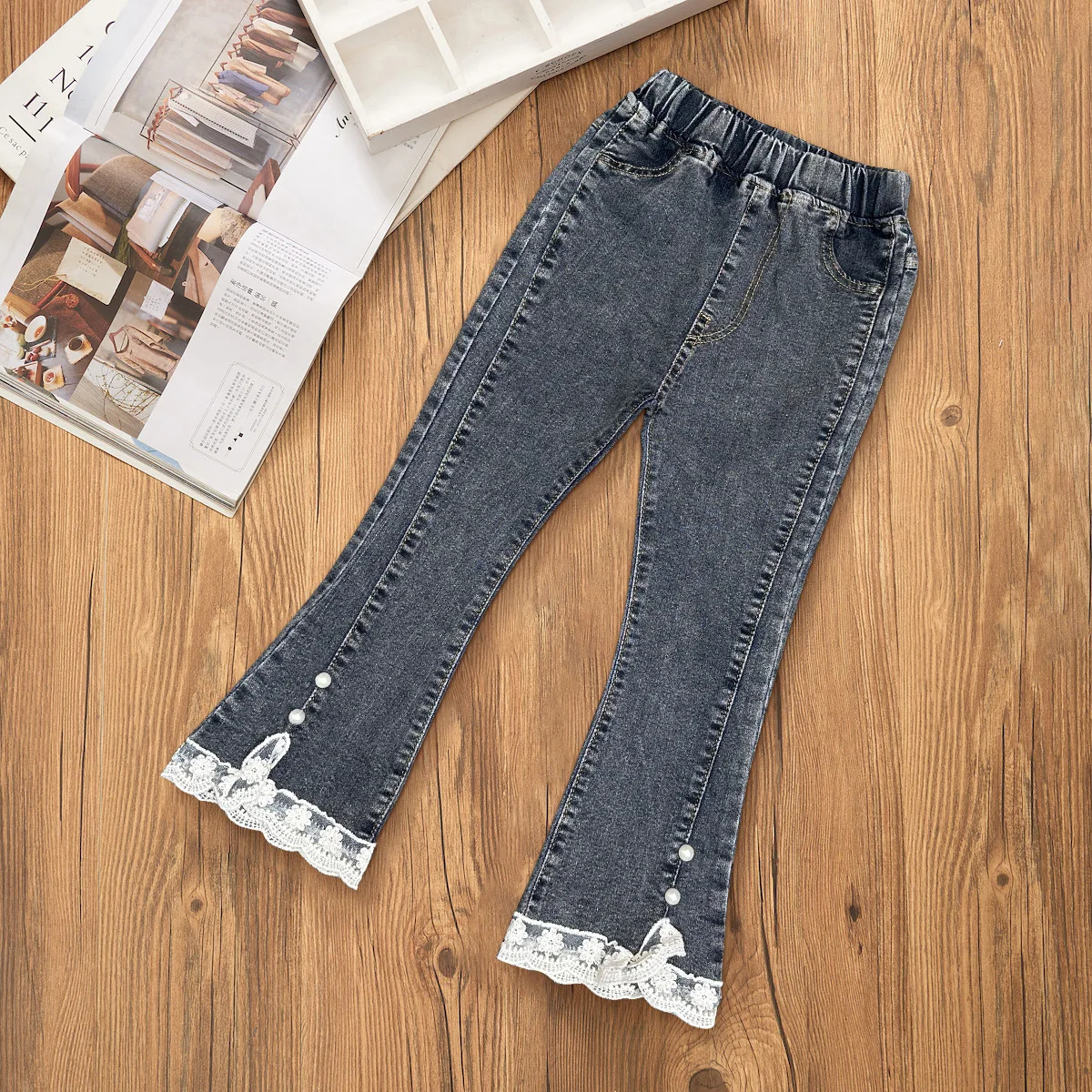 for 1-12 Years Girls Denim Pants Satin Lace Loose Wide-Legged Trousers Casual Flared Legs Britches Full Season Children\'s Wear