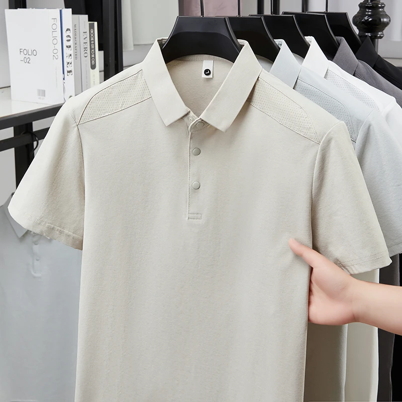 Herren Poloshirt mit Reverskragen, Kurzarm, Weicher Knitterfreier Stoff, Perforierte Schultern, Lässiges Business-Alltags-Sommeroutfit – Detail 8