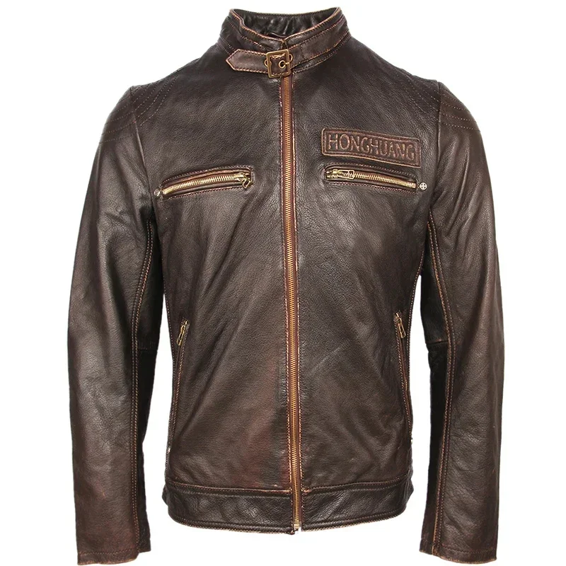 Vintage Motorcycle Leather Jacket Men 100% Genuine Cowhide Coat Slim Fit Bomber Moto Biker Winter M261