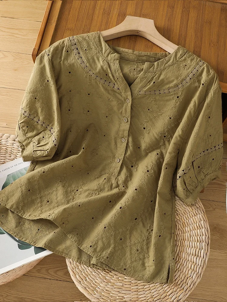 レトロ刺繍入り中空オルトスヴェイルト女性用夏用軽量ルーズスリムVネック小さめトップ通勤用スレピュアカラー