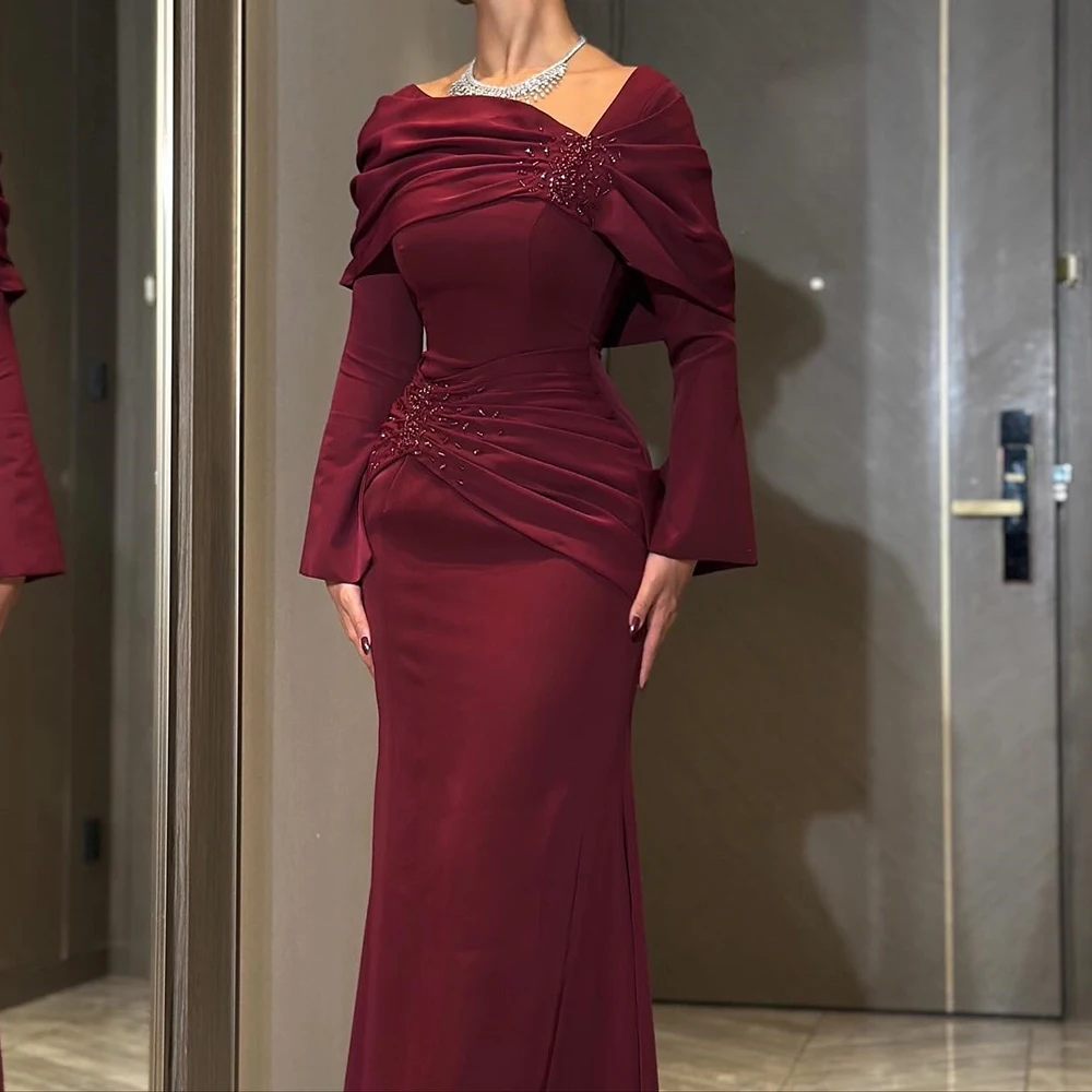 

Customized A-line Evening Dresses Floor-length Off The Shoulder Full Sleeve Prom Gown Fashion Sequined Pleat Draped Party Gown