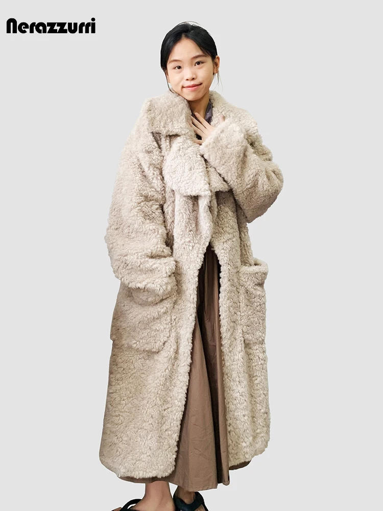 

Nerazzurri Winter Long Oversized Warm Soft Fuzzy Fluffy Faux Fur Coat Women Pockets Lapel Loose Casual Chic Korean Fashion 2023