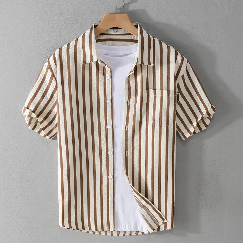 

Summer New Men's Cotton Polyester Shirts For Men Hawaii Short Sleeve Lapel Tops Casual Patchwork Striped Loose Thin Clothing