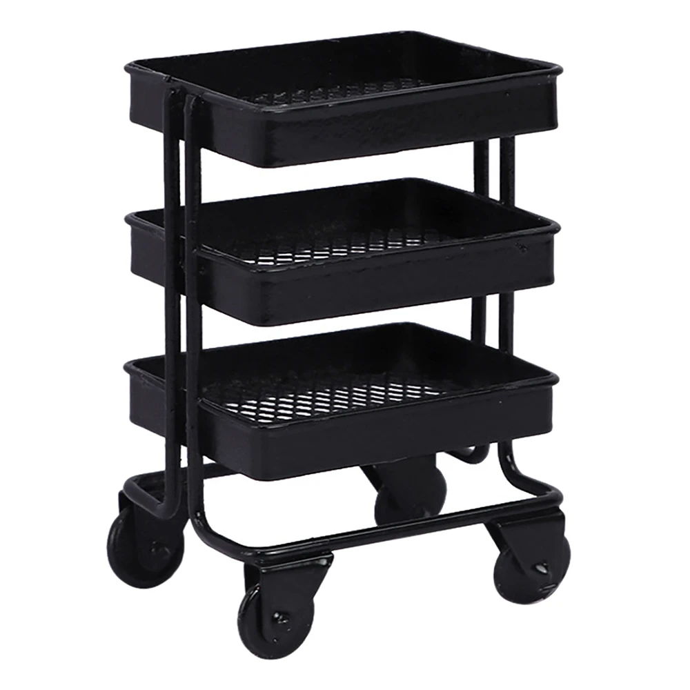 1/12 Scale Miniature Dollhouse Rolling Cart Storage Organizer Mini Kitchen Furniture Dollhouse Accessories,Black