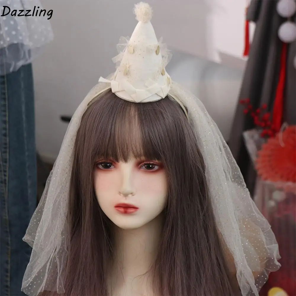 

Korean Style White Veil Hairband Creative Soft Mesh Bow Headband Birthday Hat Headwear Birthday Photograph Prop
