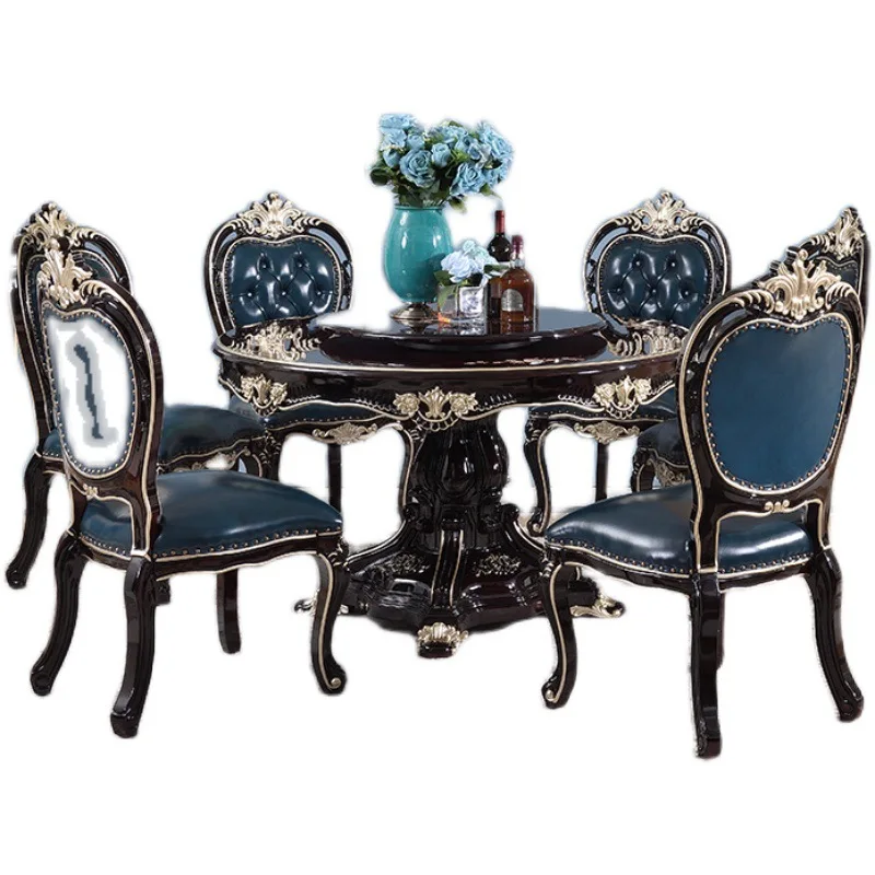 Factory Direct 2026 Top RatedMesa de comedor redonda europea y silla, combinación neoclásica americana de madera maciza, silla d