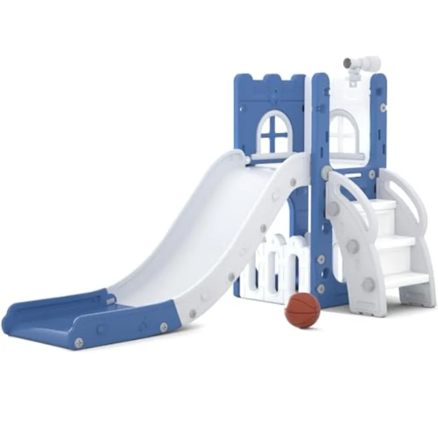 

6 in 1 Toddler Slide for Indoor Outdoor Playground with Storage Telescope Basketball Hoop L Shaped Slide Blue Climber Playset f