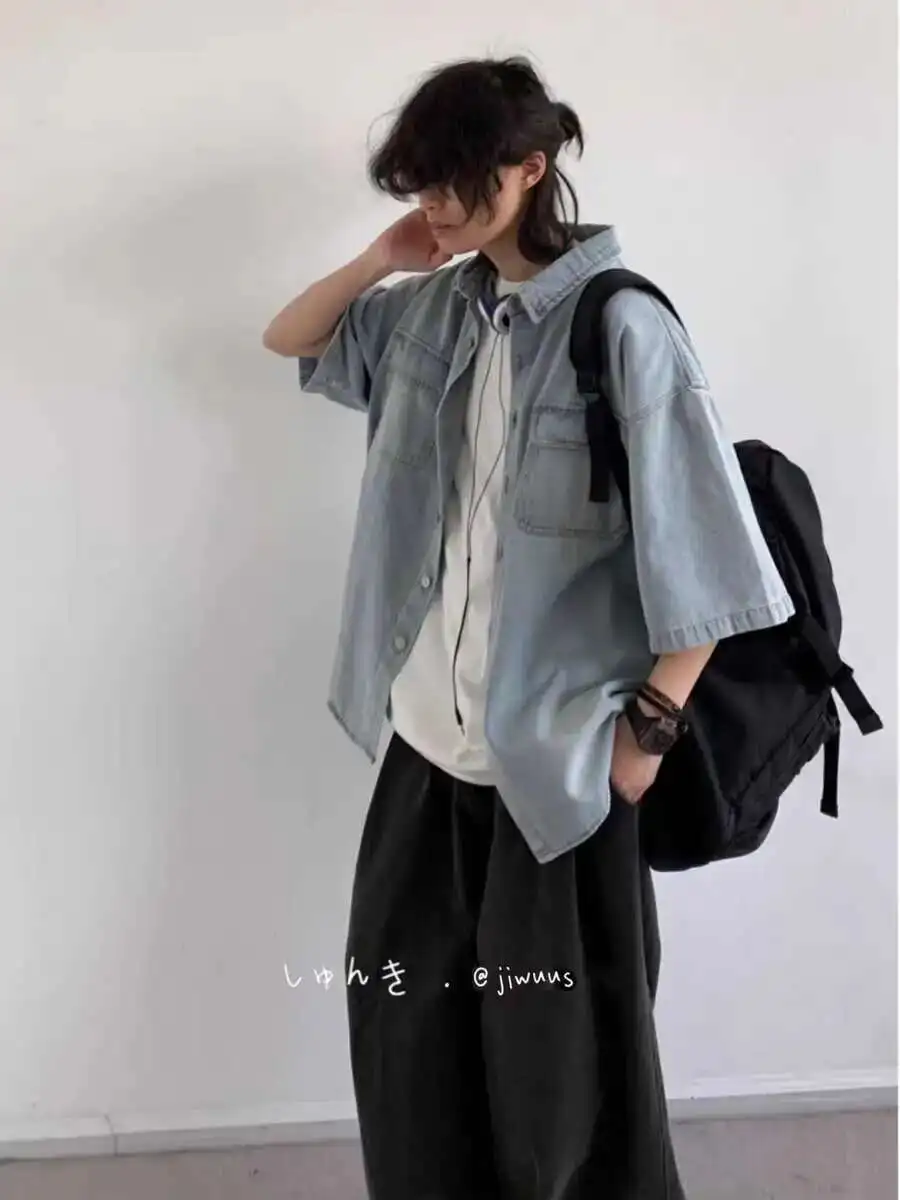 

Summer Washed Vintage Pocket Short Sleeved Denim Shirt For Men And Women Workwear Shirt Outerwear Khaki Tank Top Vest Man