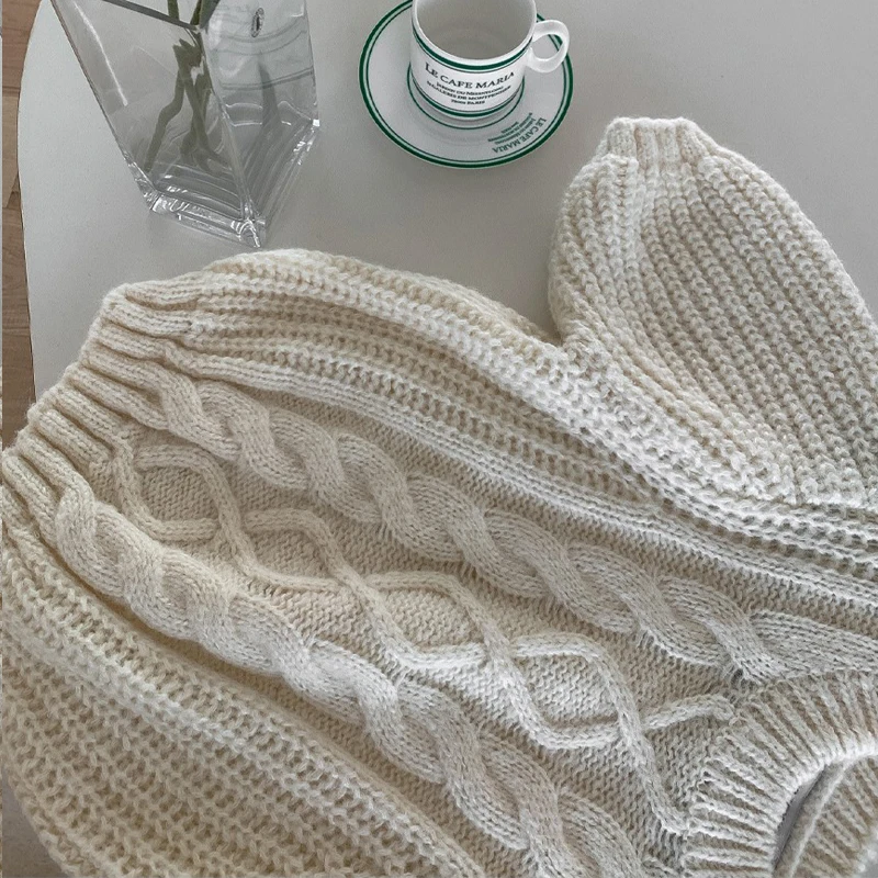 Women Crew Neck Puff Short Sleeve Sweater 2025 Gentle Retro Twist Sweet Jumper Casual Solid Loose Knitwear Tops Autumn Clothing