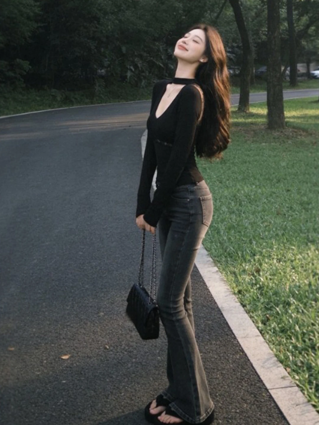 

Retro Ele V-Ne Long Sve Slim Fit Bla T-irt Faionable Spring 2026 Ciwalk Performance Par Tour Dance Date