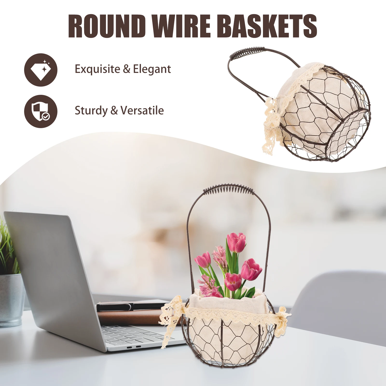 

Round Wire Baskets Storage Organizer Home Decorative Linen Cloth Flower Basket Practical Elegant Craftsmanship