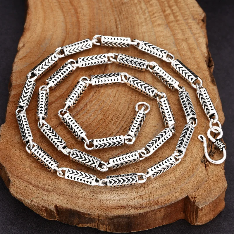 

S925 Sterling Silver Chain Unisex Heart Scale Shape Bamboo Link Black Thailand Design Fine Jewelry Sweater Necklace FYNE294
