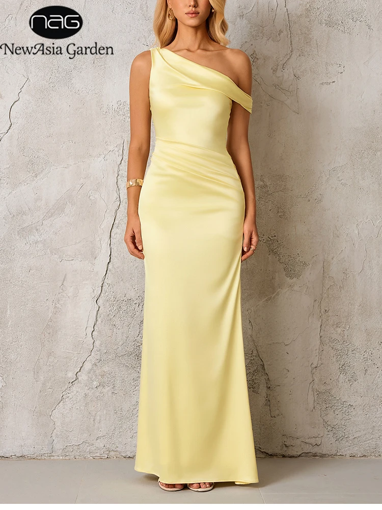 Nouvelle Robe Longue Élégante en Satin Jaune Asymétrique NewAsia pour Femme – Robe Moulante Formelle pour Invitée de Mariage et Soirée – Nouvelle Arrivée 2026