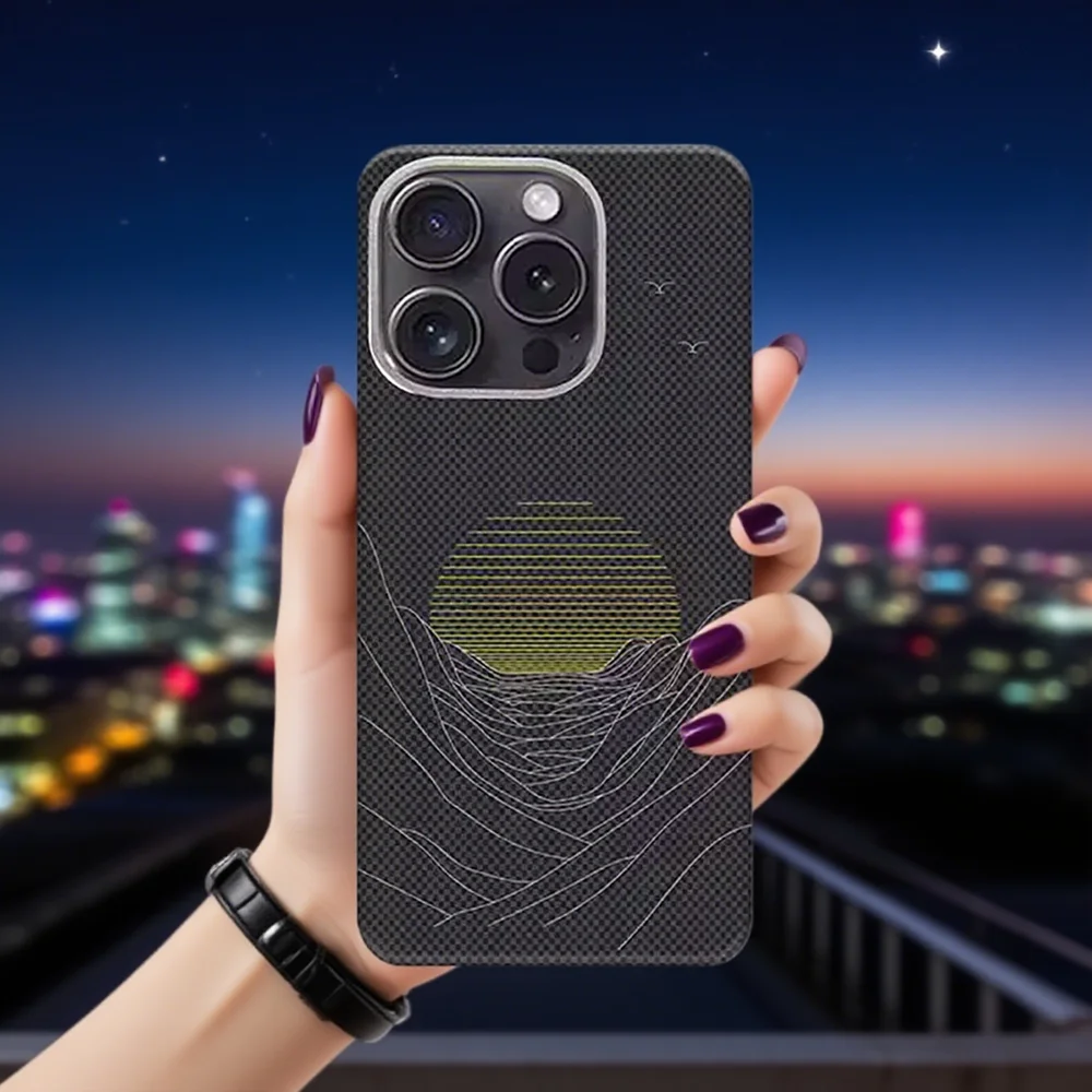 

2025 new Sunset Mountain peak Luxury Fashion Personality metal-framed Kevlar phone case for iPhone16 15 pro max cover funda