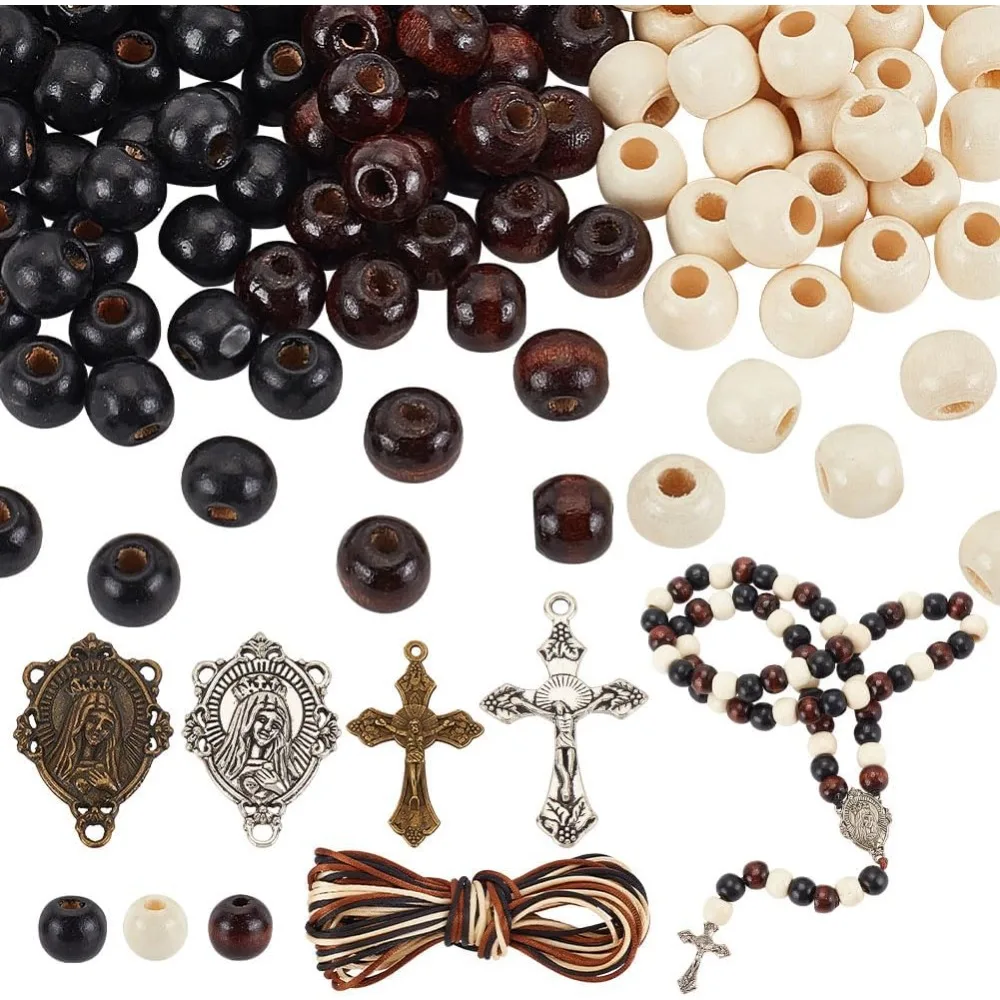 

744pcs Rosary Jewelry Making Kit First Communion Necklace Natural Wood Beads Making Set Cross Centerpiece Alloy Chandelier kit