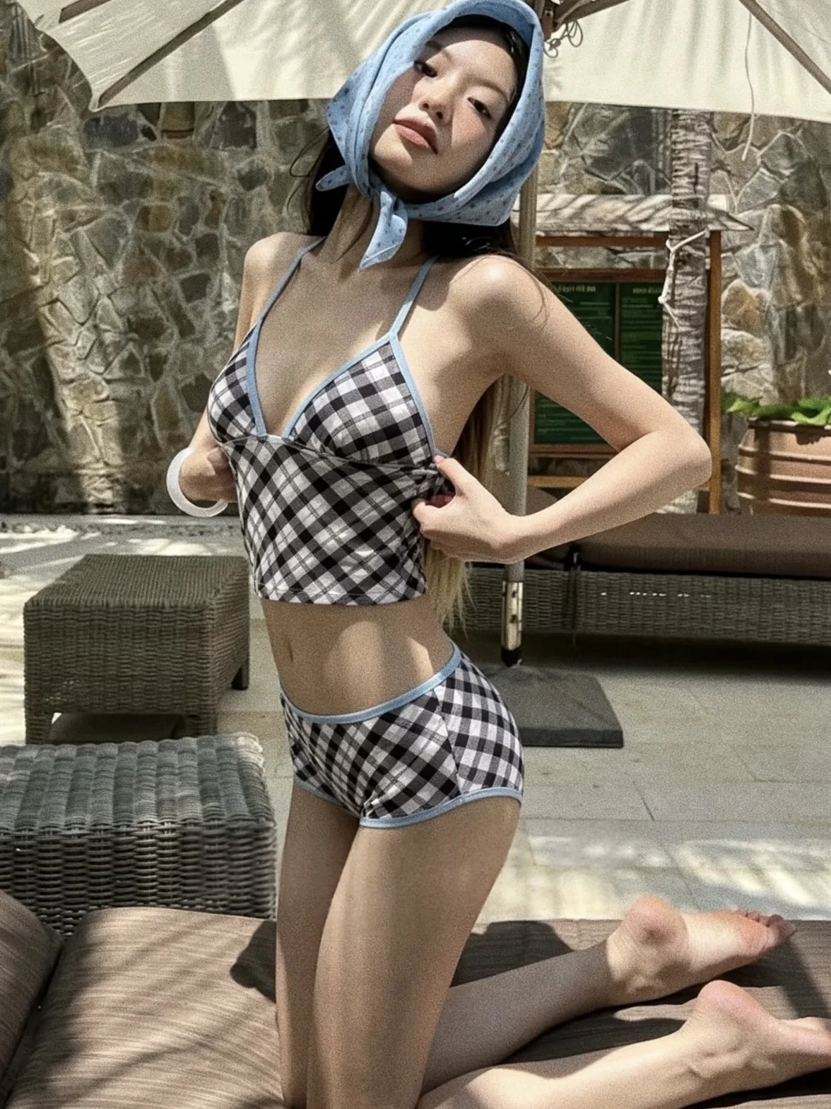 Retro Plaid Bikini Women's Swimsuit Separate Slimming Small Chest Gathered Holiday Beach Hot Spring Swimming Costume